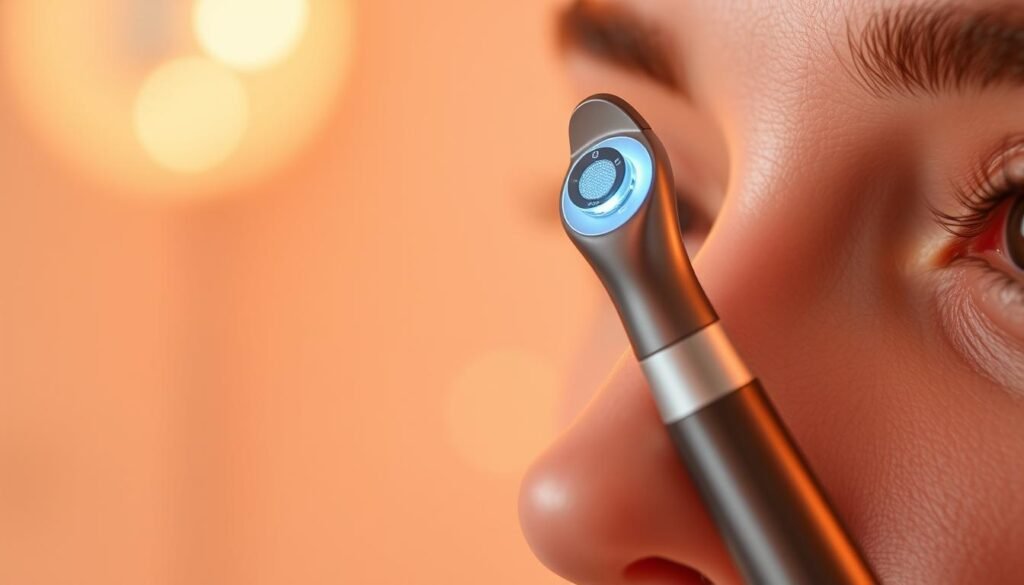 A close-up shot of the Glowin Beaute OligioX device, designed to improve eye area concerns. The device is depicted against a soft, blurred background with warm, diffused lighting, creating an atmospheric and soothing ambiance. The OligioX handpiece is showcased with attention to its sleek, minimalist design and advanced technological features, hinting at its innovative capabilities to address fine lines, wrinkles, and skin laxity around the eyes.