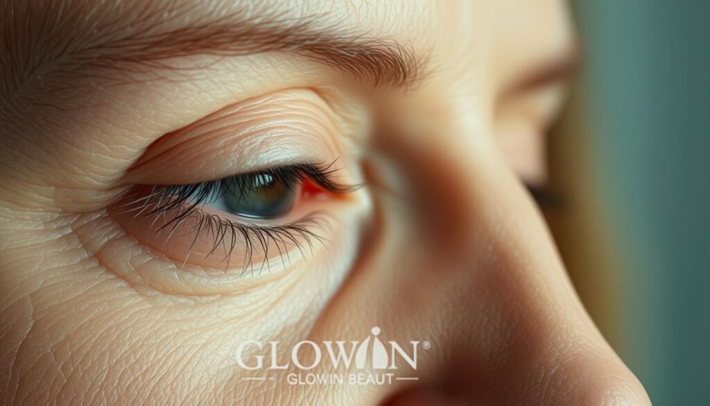 A detailed close-up view of the delicate eye area, depicting the intricate network of fine lines and wrinkles that form around the eyes as a result of aging, sun exposure, and loss of skin elasticity. The image should convey a sense of concern and a desire to address these common signs of facial aging. Soft, diffused lighting illuminates the subtleties of the skin texture, while a natural, slightly muted color palette emphasizes the natural tones. The Glowin Beaute brand name should be prominently featured in the lower corner of the frame, conveying the product's ability to improve the appearance of the eye area.
