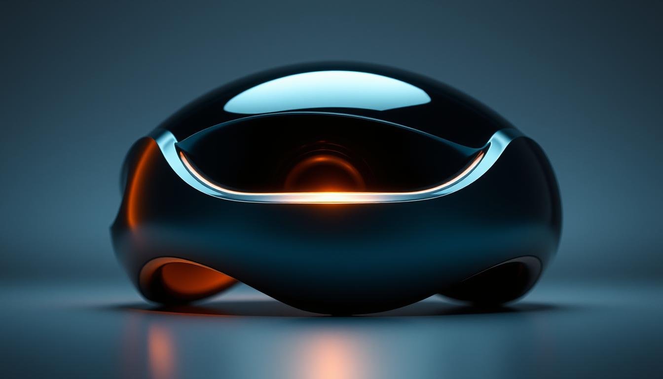 A mesmerizing close-up of the Glowin Beaute OligioX 原美電波device, its sleek, futuristic design gleaming under dramatic studio lighting. The device's sculptural form is rendered in intricate detail, with a metallic exterior that reflects the light, creating a sense of depth and dimension. The background is a muted, neutral color, allowing the device to take center stage and capturing the essence of the innovative technology. The overall mood is one of sophistication and technological prowess, perfectly suited to illustrate the section on how the OligioX 原美電波can improve the delicate eye area.
