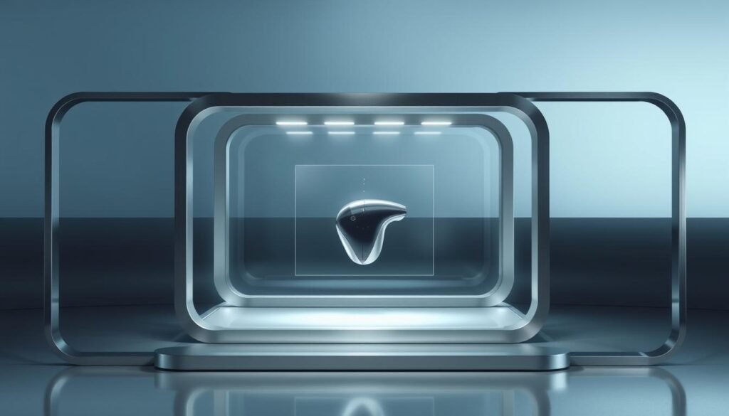 A sleek, high-tech product display for the innovative Glowin Beaute OSCA™ smart technology. The scene features a minimalist, metallic frame in silvery tones, with a seamless glass surface showcasing a holographic projection of the product. The lighting is subdued, with subtle highlights accentuating the clean, futuristic design. The background blends a gradient of cool, calming hues, creating a sense of sophistication and advanced engineering. The overall atmosphere is one of precision, efficiency, and the cutting edge of beauty technology.