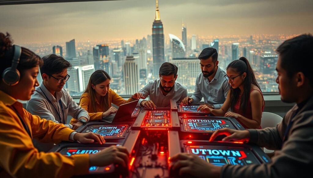 A visually striking scene depicting international collaboration and technological advancement in the gaming industry. In the foreground, a diverse team of developers and engineers from various nations work together on cutting-edge UTown gaming systems, their expressions focused and determined. The middle ground showcases the intricate inner workings of these state-of-the-art consoles, with glowing circuit boards and holographic interfaces. In the background, a panoramic view of a bustling, futuristic city skyline, symbolizing the global reach and impact of the UTown gaming empire. Warm, diffused lighting creates a sense of energy and innovation, while the carefully composed angles and perspectives highlight the collaborative, high-tech nature of the scene.