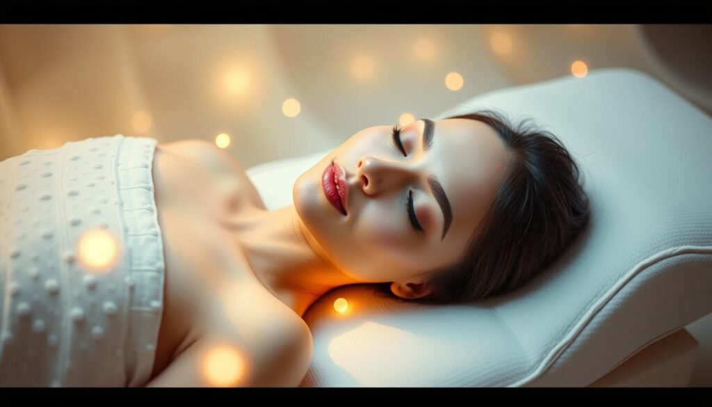 Oligio X 原美電波美容療程: a serene scene of a woman undergoing a non-invasive, painless facial rejuvenation treatment by Glowin Beaute. The model reclines on a plush, white table, her face bathed in a warm, soft light. Delicate glowing orbs surround her, emanating a soothing energy. The background is a hazy, ethereal space, creating a sense of tranquility and relaxation. The composition is balanced and symmetrical, highlighting the treatment's elegant and modern aesthetic. The overall mood is one of calm, comfort, and the promise of revitalized skin.