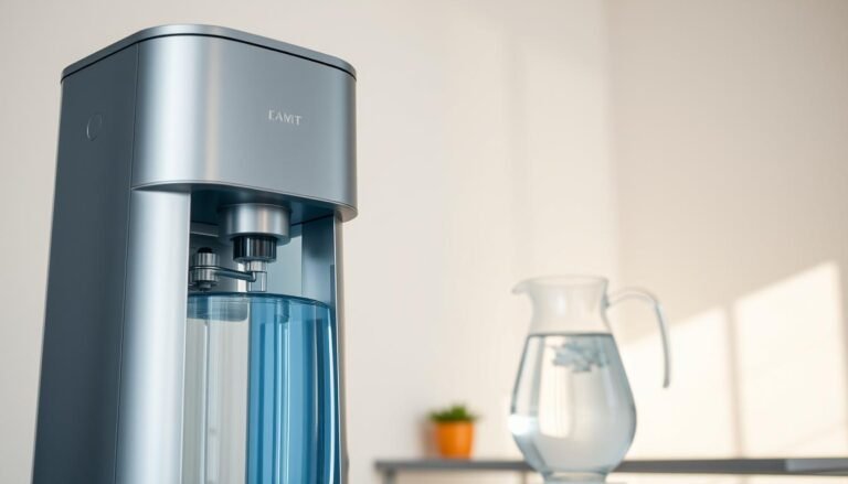 A clean, modern water purifier prominently displayed in the foreground, its sleek metallic exterior reflecting the ambient lighting. In the middle ground, a transparent glass carafe filled with clear, refreshing water, conveying the purity and effectiveness of the filtration system. The background features a simple, minimalist interior, accentuating the water purifier as the central focus. The scene exudes a sense of tranquility and wellness, highlighting the importance of clean, safe water in the everyday home environment.