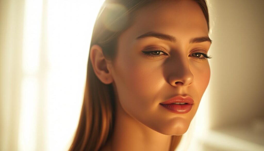 A close-up shot of a woman's face, illuminated by a warm, glowing radiance. Her skin appears smooth and youthful, with a subtle sheen that suggests the use of "Glowin' Beaute" products. The lighting is soft and diffused, creating a sense of tranquility and inner peace. The background is slightly blurred, allowing the viewer to focus on the subject's captivating features. The model's expression conveys a sense of serenity and confidence, hinting at the transformative power of the "Oligio X 原美電波" technology featured in the article. The overall composition and lighting create a sense of timeless beauty and elegance.