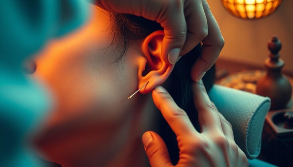 A close-up view of a traditional Chinese acupuncture session, with a skilled practitioner carefully inserting fine needles into specific points on the patient's ear. The scene is bathed in warm, soft lighting, creating a serene and calming atmosphere. The patient's face is relaxed, eyes closed, suggesting a sense of tranquility and healing. In the background, subtle traditional Chinese medicinal herbs and instruments come into focus, hinting at the holistic approach of this ancient practice. The overall composition conveys the thoughtful, deliberate nature of this traditional treatment for tinnitus, or persistent ringing in the ears. A close-up view of a traditional Chinese acupuncture session, with a skilled practitioner carefully inserting fine needles into specific points on the patient's ear. The scene is bathed in warm, soft lighting, creating a serene and calming atmosphere. The patient's face is relaxed, eyes closed, suggesting a sense of tranquility and healing. In the background, subtle traditional Chinese medicinal herbs and instruments come into focus, hinting at the holistic approach of this ancient practice. The overall composition conveys the thoughtful, deliberate nature of this traditional treatment for tinnitus, or persistent ringing in the ears.
