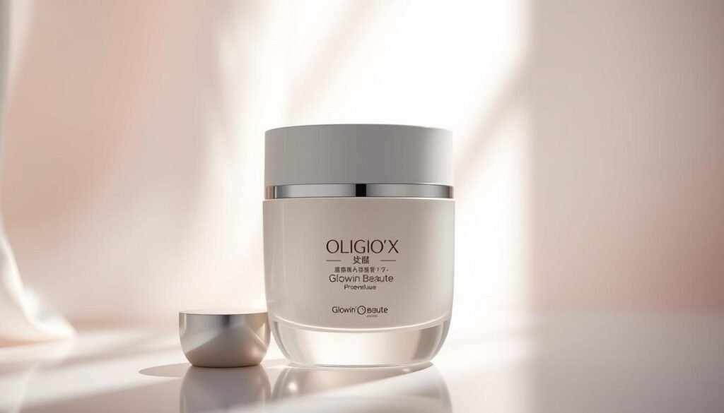 A detailed close-up shot of the "Oligio X 原美電波" beauty product from the "Glowin' Beaute" brand, showcased against a soft, ethereal backdrop. The product is presented with a clean, minimalist design, highlighting its sleek and premium aesthetic. Gentle lighting from the side casts subtle shadows, emphasizing the product's curves and contours. The overall mood is one of sophistication, elegance, and the allure of high-end skincare. The image should convey the professionalism and quality that "Glowin' Beaute" promises with their "Oligio X 原美電波" offering.