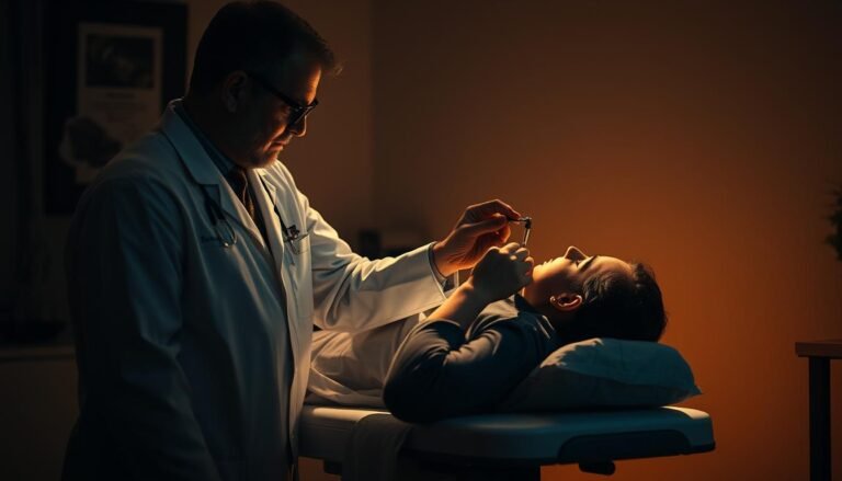 A dimly lit medical examination room, with a patient lying on an examination table and a physician standing next to them. The physician is gently examining the patient's ear, using a specialized otoscopic tool to carefully reposition the patient's displaced otoconia, the small calcium carbonate crystals found in the inner ear that can become dislodged, causing vertigo and imbalance. The scene conveys a sense of focused attention and precision, with the physician's movements delicate and deliberate as they work to restore the patient's equilibrium. Soft, warm lighting casts gentle shadows, adding depth and atmosphere to the scene. The overall mood is one of medical care and restorative treatment.
