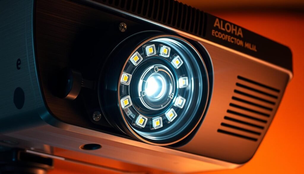 A high-quality LED projector lamp, its inner workings exposed in vivid detail. A sleek, modern design with a brushed metal housing and a prominent Aloha logo. The lamp's intricate lens system, finely calibrated for optimal focus and clarity, takes center stage. Bright, even illumination emanates from the array of LED bulbs, casting a warm, inviting glow. The projector's adjustable mount allows for precise positioning, enabling the user to fine-tune the beam's focus and angle. This is a versatile, sophisticated lighting solution, its core components elegantly showcased to reveal the engineering that powers its mesmerizing display.