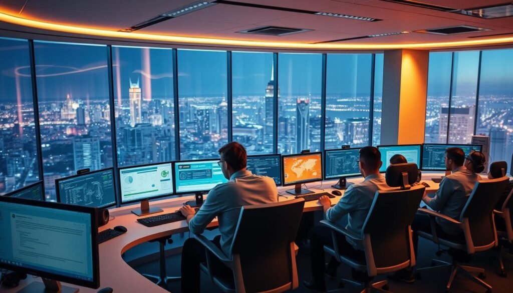 A modern, sleek office space with a focus on game development and customer support for the UTown entertainment platform. In the foreground, a team of technicians huddle around multiple computer screens, deeply engrossed in troubleshooting and resolving technical issues. The middle ground features a large, curved desk with ergonomic chairs, creating an inviting and collaborative environment. The background showcases a panoramic view of a bustling city skyline, hinting at the global reach and scale of UTown's operations. The lighting is warm and focused, conveying a sense of professionalism and efficiency. The overall atmosphere exudes a combination of cutting-edge technology, dedicated problem-solving, and a commitment to providing exceptional customer service.