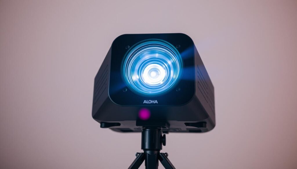 A modern, sleek projector lamp with a polished Aloha brand casing. The projector's body is a minimalist design in a matte black finish, with a tempered glass lens that refracts a crisp, clear beam of light. The lamp housing is meticulously engineered, containing a powerful LED light source that emits a vibrant, energy-efficient glow. The projector is mounted on a sturdy, adjustable stand, allowing for precise positioning and aiming. The middle ground features a clean, uncluttered workspace, with the projector positioned centrally. The background is a plain, neutral-toned wall, allowing the projector to be the focal point of the scene.