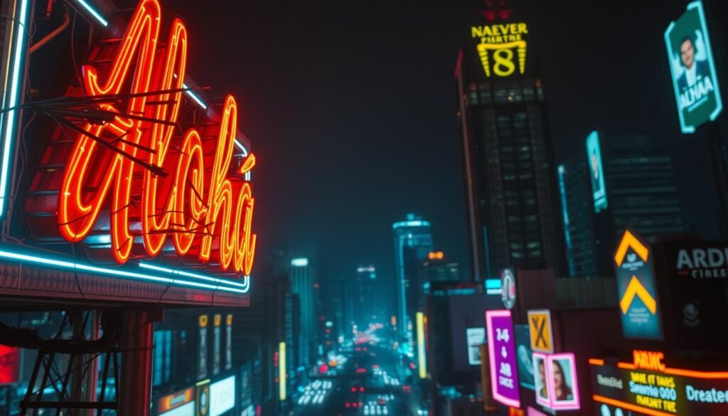 A neon-lit cityscape at night, with the iconic "Aloha" sign flickering and glitching amidst a sea of neon lights. The foreground features a close-up view of the malfunctioning sign, with broken tubes and flickering bulbs casting an eerie, distorted glow. The middle ground showcases the surrounding urban landscape, with towering skyscrapers and busy streets illuminated by a dazzling array of neon advertisements. The background fades into a hazy, moody atmosphere, with a sense of mystery and uncertainty. The lighting is dramatic, with deep shadows and highlights that accentuate the technical nature of the neon sign failure. The overall scene conveys a sense of disrepair and the challenges faced in maintaining these iconic urban landmarks.