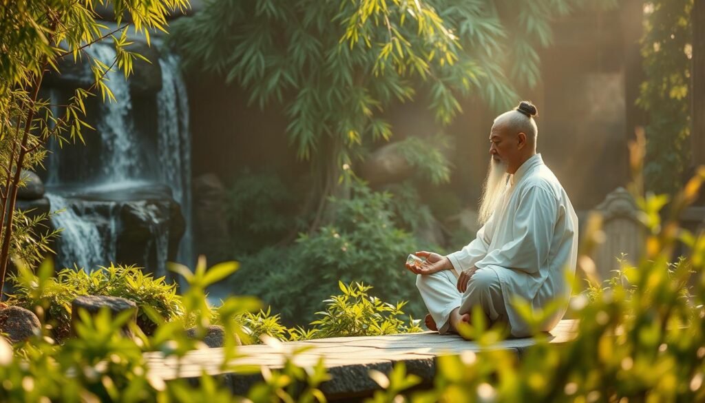 A serene and contemplative scene depicting the principles and practices of traditional Chinese medicine's approach to treating tinnitus (ear ringing). The composition features a traditional Chinese medicinal scholar sitting cross-legged on a stone platform, surrounded by a lush, verdant garden with cascading waterfalls and gently swaying bamboo. The scholar holds a small glass vial, representing the herbal remedies used in this holistic treatment. Warm, diffused lighting filters through the foliage, creating a calming, introspective atmosphere. The overall scene conveys a sense of harmony, balance, and the integration of mind, body, and nature in the Chinese medicinal tradition.