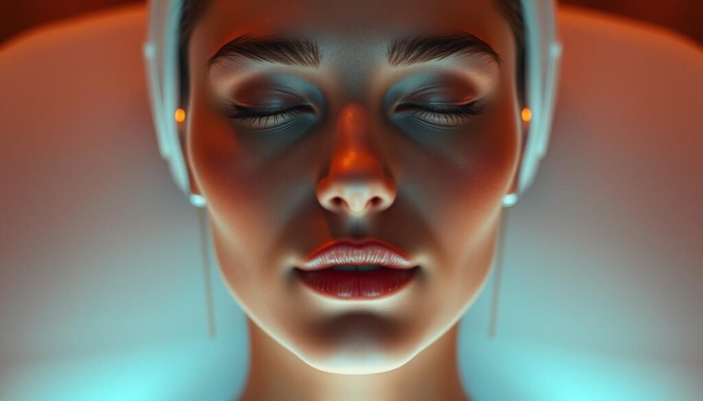 A serene and glowing portrait of a woman's face, the skin radiating with a soft, ethereal luminescence. The Glowin' Beaute Oligio X device is subtly integrated, its sleek, futuristic design blending seamlessly with the subject's features. Warm, diffused lighting creates an enveloping, spa-like ambiance, accentuating the natural beauty and inner radiance of the model. The composition focuses on the face, drawing the viewer's attention to the even, rejuvenated complexion and the mesmerizing "原美電波" effect. The image conveys a sense of tranquility, wellness, and the transformative power of the Oligio X technology.
