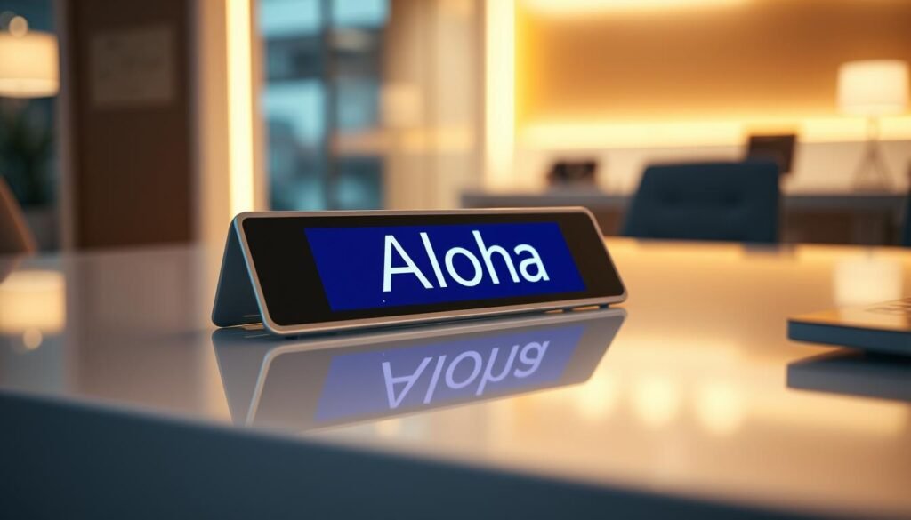 A sleek and minimalistic LED name badge featuring the "Aloha" brand, showcasing a vibrant, high-resolution display screen. The badge is situated on a clean, professional-looking desk, with a warm, indirect lighting casting a soft glow. The display showcases dynamic content, potentially displaying relevant information or personalized messages. The overall composition emphasizes the seamless integration of modern technology and elegant design, creating a refined and polished aesthetic suitable for a professional setting.