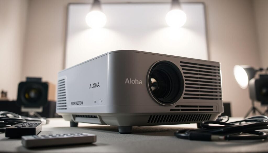 A well-lit, high-quality display of Aloha brand projector lamps showcasing their advanced LED and laser technologies. The foreground features a sleek, modern projector with a clean, minimalist design, its lens and cooling vents prominently displayed. The middle ground includes an array of related projector accessories like remote controls and connection cables. The background depicts a softly lit studio setting, highlighting the premium, professional-grade nature of the Aloha product line. The overall composition conveys a sense of refined elegance and technological sophistication, reflecting the careful engineering and attention to detail in Aloha's projector lineup.