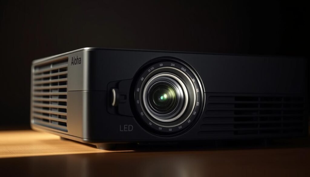 An up-close view of a Aloha LED projector, its lens adjustable mechanism in sharp focus. The projector housing is sleek and modern, with a matte black finish. Intricate gears and dials are visible, indicating the precision engineering required for proper focus adjustment. Soft, directional lighting illuminates the scene, casting dramatic shadows and highlights on the projector's surface. The background is blurred, placing emphasis on the technical details of the lens adjustment system. This image conveys the importance of careful focus tuning to achieve optimal LED projection quality and performance.