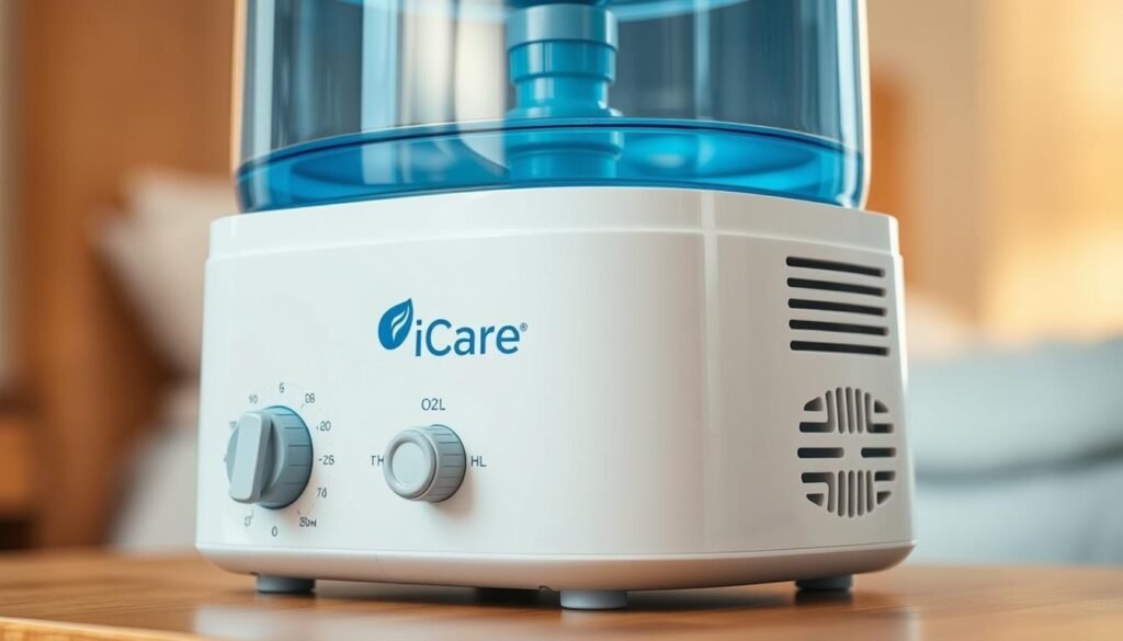 A close-up view of a sleep apnea machine's humidifier unit, showcasing the clear water tank, control knobs, and ventilation ports. The iCareCPAP logo is prominently displayed on the device. The scene is well-lit, with soft, diffused lighting emphasizing the clean, modern design. The humidifier is positioned on a wooden surface, with a blurred background hinting at a cozy, bedroom-like setting. The overall mood is one of simplicity, functionality, and user-friendliness, inviting the viewer to learn more about the proper usage and maintenance of this essential sleep apnea treatment accessory.