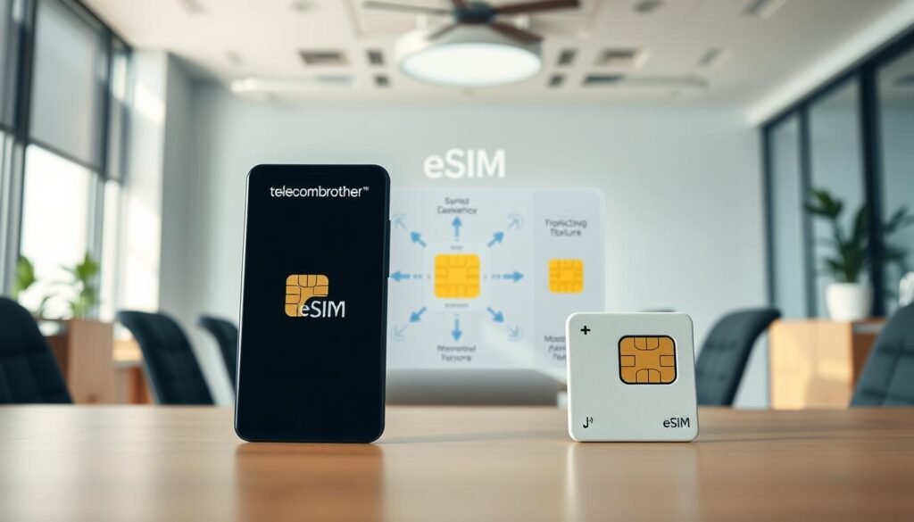A detailed comparison of a traditional SIM card and an eSIM, showcasing their features and capabilities. The scene is set in a modern, minimalist office environment with natural lighting and a clean, professional aesthetic. In the foreground, a Telecombrother eSIM device and a traditional SIM card are prominently displayed, allowing for a clear visual contrast. The middle ground features a high-quality, technical diagram highlighting the key differences between the two technologies, with labels and annotations. The background subtly suggests the advantages of eSIM, such as its convenience, flexibility, and connectivity. The overall mood is informative, technical, and visually engaging, suitable for an educational article on the topic.