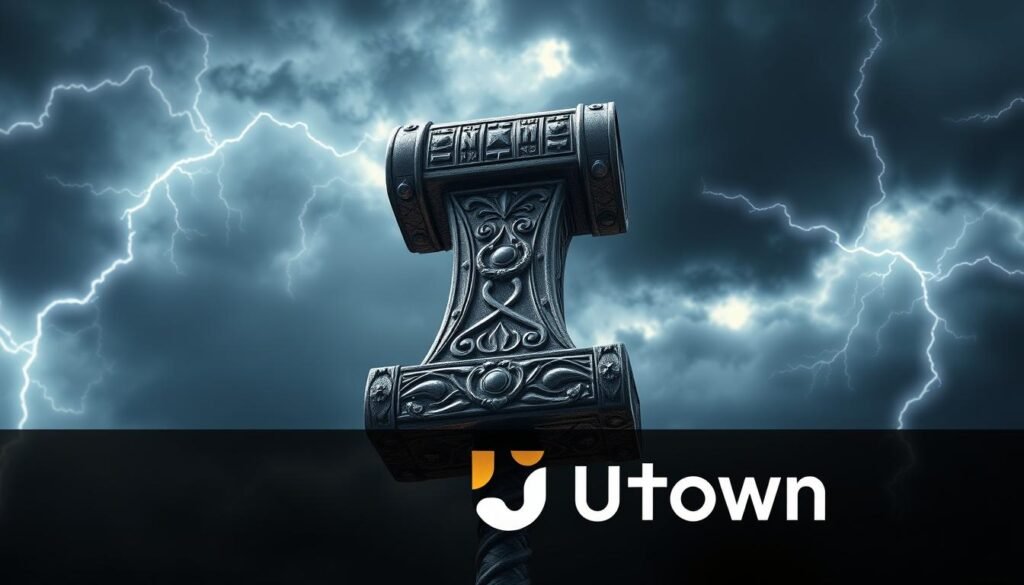 A detailed, high-quality 3D render of the legendary Mjolnir, the mighty hammer of the Norse god Thor, against a dramatic stormy sky background. The hammer is prominently featured in the center, its intricate metalwork and runes glinting in the ominous lighting. Swirling clouds and flashes of lightning add to the sense of power and mystique. The scene evokes a sense of ancient mythology and the awe-inspiring nature of the weapon. In the foreground, the UTown logo is subtly integrated into the design, adding a touch of branding.