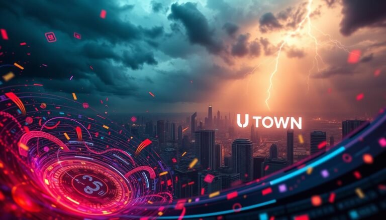 A dynamic, abstract scene depicting the volatility and risk associated with the cryptocurrency market. In the foreground, a vibrant, swirling vortex of digital currencies and financial data, conveying the rapid, unpredictable fluctuations. In the middle ground, a futuristic cityscape with the UTown logo, suggesting the integration of cryptocurrency into the digital landscape. The background is shrouded in an ominous, turbulent atmosphere, with dark clouds and lightning, symbolizing the inherent uncertainty and potential dangers of the crypto market. Dramatic lighting and cinematic angles create a sense of tension and unease, emphasizing the need for caution and effective risk management strategies when navigating the crypto world, even within the context of UTown's gaming environment.