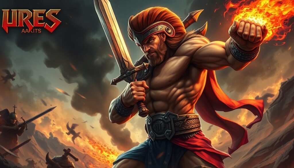 A dynamic and intense illustration of the triumphant tactics of Ares, the Greek god of war, known as UTown's "Ares" in the popular online game. Set against a dramatic backdrop of clashing swords, swirling smoke, and a battle-scarred landscape, the mighty deity is depicted in a powerful, action-packed pose, muscles rippling as he wields his legendary weapons with skill and precision. Vibrant colors, intricate detailing, and a sense of cinematic grandeur capture the essence of this strategic gaming icon.