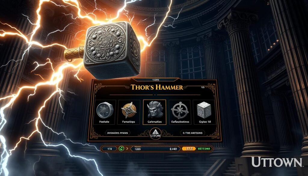 A dynamic scene featuring Thor's hammer, Mjolnir, hovering amidst swirling lightning bolts. The hammer is surrounded by a mystical, glowing aura, casting a warm, dramatic light across the foreground. In the middle ground, a digital interface displays various game mechanics and strategies for the UTown "Thor's Hammer" casino game. The background depicts a grand, Nordic-inspired hall with towering columns and intricate architectural details, evoking the grandeur of Asgard. The overall atmosphere is one of power, strategy, and the thrill of mastering the game.