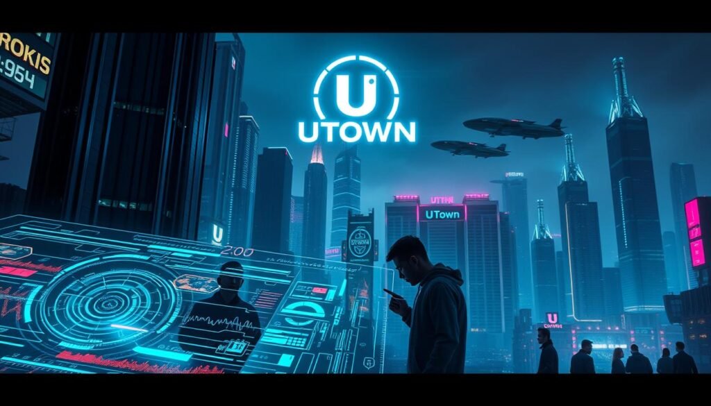 A futuristic cityscape, bathed in neon hues, with the UTown logo prominently displayed. In the foreground, a holographic display showcases a gaming interface, lines of data and signal visualizations pulsing with energy. The middle ground features figures interacting with the technology, their expressions intense as they parse the intricate information. In the background, towering skyscrapers and hovering transport vehicles set the scene of an advanced, technologically driven metropolis. Dramatic lighting casts dynamic shadows, creating a sense of depth and heightened drama. The overall mood is one of technological sophistication and the thrill of gaming mastery.