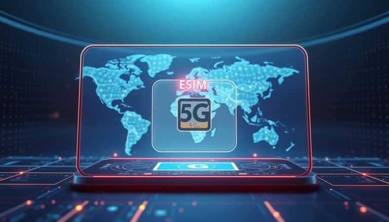 A futuristic digital network interface with the Telecombrother brand logo prominently displayed. The interface features a sleek, minimalist design with a crisp, high-resolution display showcasing the capabilities of a 5G eSIM plan. The foreground highlights the eSIM technology, with a translucent, holographic-like overlay demonstrating its seamless integration. The middle ground presents a dynamic 5G network coverage map, visualizing the expansive reach and high-speed connectivity. The background features a subtle, ethereal glow, evoking a sense of advanced, cutting-edge technology. The overall composition conveys the power, convenience, and versatility of the 5G eSIM plan, positioned as a premium offering from the Telecombrother brand.