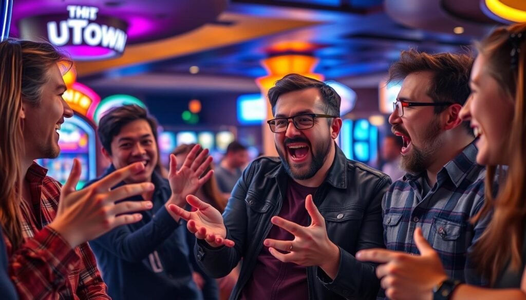 A group of enthusiastic UTown casino players animatedly discussing their experiences, gesturing excitedly as they describe the thrilling gameplay of "Battle God Sett" and "Thor's Hammer". The scene is bathed in warm, inviting lighting, conveying a sense of camaraderie and shared enjoyment. The players' expressions are vibrant and captivating, drawing the viewer into their lively conversation. The background is softly blurred, keeping the focus on the engaging interactions at the forefront.
