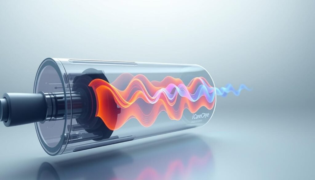 A high-fidelity 3D rendering of the airflow patterns within an iCareCPAP sleep apnea machine. The image showcases the intricate waveforms and pressure profiles generated by the device, illustrating its technical capabilities in treating sleep disorders. The foreground features a detailed cross-section of the machine's internal components, including the air intake, pressure sensors, and airflow channels. The middle ground depicts the dynamic airflow patterns, visualized as vibrant, undulating waves of varying colors and intensities. The background presents a minimalist, yet technologically-advanced environment, conveying a sense of precision and innovation. The overall scene is lit by a soft, diffused light source, creating a clean, clinical aesthetic that enhances the technical details of the machine's operation.