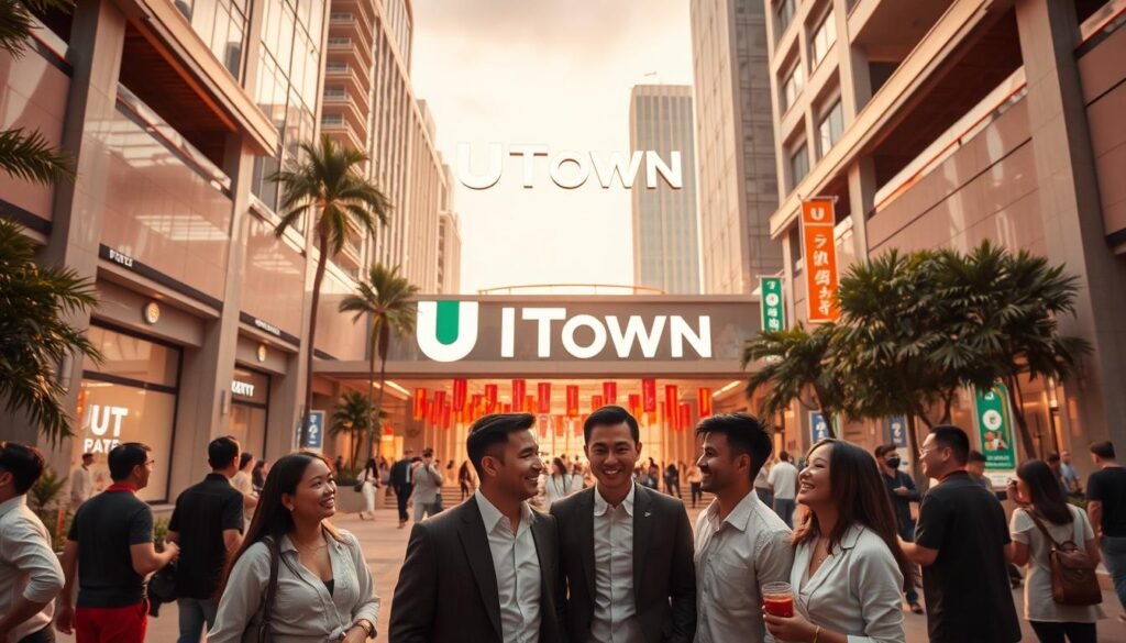 A lush, modern cityscape featuring the UTown brand logo, showcasing a vibrant and welcoming USDT entertainment hub. Soft, diffused lighting casts a warm glow, drawing the viewer's eye to the inviting entrance and bustling activity within. The architecture blends contemporary and traditional elements, creating a sense of sophistication and cultural richness. In the foreground, a group of smiling, well-dressed individuals are engaged in casual conversation, conveying an atmosphere of excitement and camaraderie. The overall scene exudes a sense of prosperity, sophistication, and an air of discovery, perfectly capturing the essence of a new user's experience in this USDT entertainment destination.