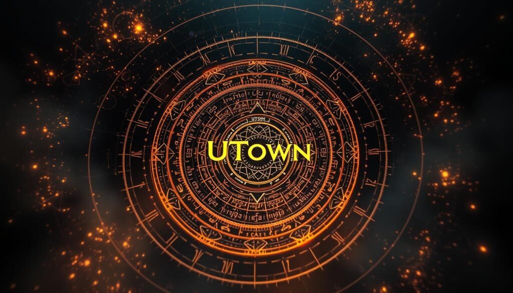 A magical, glowing rune circle representing the intricate inner workings of a powerful RNG (Random Number Generator) system. In the center, the UTown logo shimmers, surrounded by swirling cosmic energy and complex algorithmic patterns. The scene is bathed in a warm, mystical light, with a sense of depth and layered visual interest. The background is a void of shadowy abstraction, drawing the eye to the central focus. An intricate, technological yet ethereal representation of the mysterious forces that govern chance and randomness.