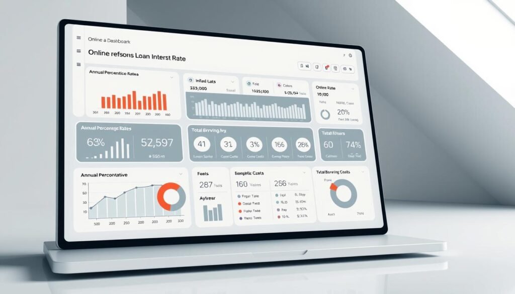 A modern financial dashboard displaying a comprehensive breakdown of online loan interest rate structures. The foreground features a sleek interface with interactive graphs, charts, and data visualizations detailing the components and calculations of annual percentage rates, fees, and total borrowing costs. The middle ground showcases stylized icons and infographics providing educational context. The background is a minimalist, monochromatic setting with clean lines and geometric patterns, creating a sense of professionalism and authority. Soft, directional lighting illuminates the scene, highlighting the clarity and precision of the financial information presented. The overall mood conveys a balance of analytical rigor and user-friendly accessibility for consumers navigating the complexities of online lending.