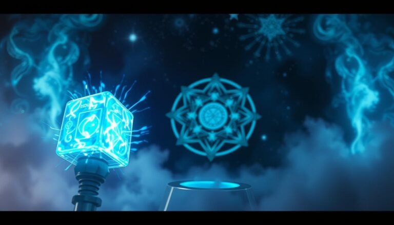 A mystical and ethereal scene depicting the UTown RSG Thunder Hammer gameplay experience. In the foreground, the hammer glows with a mesmerizing azure energy, its otherworldly power palpable. The middle ground showcases the intricate mechanics of the random number generator at work, with shimmering geometric patterns and enigmatic symbols. The background immerses the viewer in a realm of cosmic wonder, with swirling nebulae, twinkling stars, and a sense of the infinite. Soft, diffused lighting casts an enchanting glow, while the cinematic camera angle and depth of field draw the eye towards the captivating center of the composition. The overall atmosphere evokes a profound sense of mystery and the secrets of the digital realm.