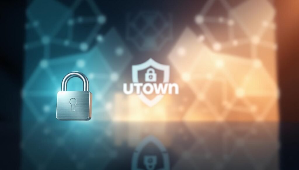 A serene and secure digital haven, with the UTown logo subtly integrated into the composition. In the foreground, a padlock icon symbolizes safeguarded privacy, its metallic sheen catching the soft, diffused lighting. The midground features a stylized shield, radiating a sense of trustworthiness and protection. In the background, a seamless blend of abstract geometric patterns and gentle gradients evokes a technologically advanced, yet calming atmosphere. The overall composition conveys a strong emphasis on safety, privacy, and the reliable experience that UTown provides.