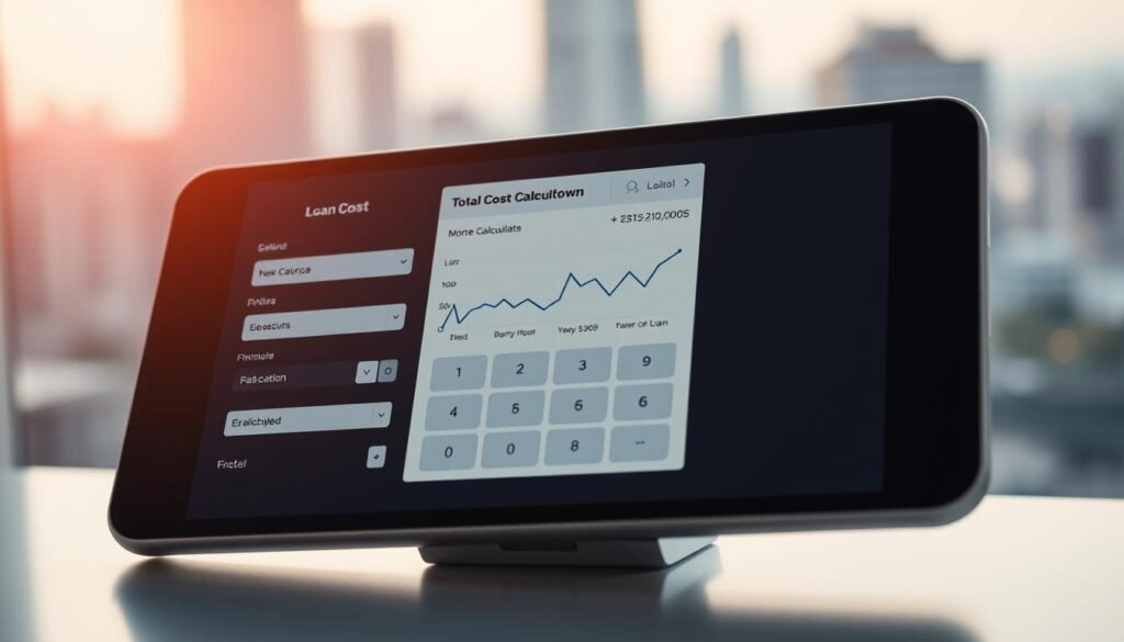A simple yet detailed calculator interface on a sleek, minimalist device screen. The foreground features a clean, modern design with clearly labeled input fields, toggle switches, and calculation buttons. The middle ground showcases a dynamic graph or chart that visually represents the loan cost breakdown. The background depicts a soft, blurred urban landscape, suggesting a professional, financial setting. Warm, directional lighting creates a sense of depth and emphasizes the key elements. The overall mood is one of clarity, precision, and user-friendliness, perfectly suited to illustrate the section on calculating the total cost of an online loan.