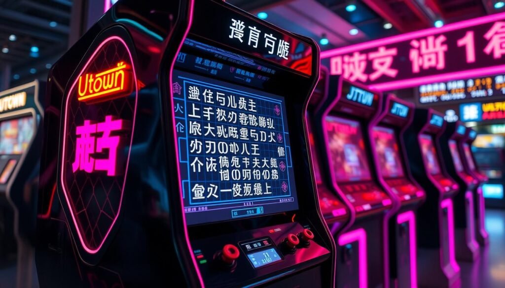 A sleek, futuristic arcade cabinet with a prominent &quot;UTown&quot; logo, showcasing a mesmerizing display of electronic gaming mechanics. The cabinet's glossy black exterior is punctuated by vibrant, neon-like lights, casting a captivating glow across the scene. The screen depicts a complex, interconnected grid of symbols, representing the intricate mechanics of &quot;jili電子遊戲機制&quot; - a symphony of continuous elimination and multiplier accumulation. The composition emphasizes the depth and sophistication of this gaming system, inviting the viewer to delve into the &quot;奧秘&quot; (mystery) of its captivating design.