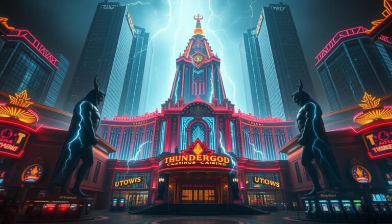 A sprawling, neon-lit casino complex with a towering, ornate temple-like structure at its center, modeled after the Nordic god of thunder, Thor, or &amp;quot;UTown's Thundergod Casino&amp;quot;. The entrance is flanked by massive, lightning-wreathed statues of the Thundergod, casting an ominous yet awe-inspiring glow over the scene. Gleaming glass and steel towers rise in the background, reflecting the vibrant colors of the casino's facade. Dramatic lighting casts deep shadows, creating a sense of dynamic energy and excitement. The overall impression is one of grandeur, power, and the promise of thrilling gaming experiences.