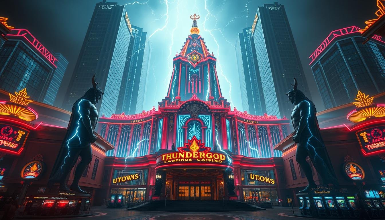 A sprawling, neon-lit casino complex with a towering, ornate temple-like structure at its center, modeled after the Nordic god of thunder, Thor, or &amp;quot;UTown's Thundergod Casino&amp;quot;. The entrance is flanked by massive, lightning-wreathed statues of the Thundergod, casting an ominous yet awe-inspiring glow over the scene. Gleaming glass and steel towers rise in the background, reflecting the vibrant colors of the casino's facade. Dramatic lighting casts deep shadows, creating a sense of dynamic energy and excitement. The overall impression is one of grandeur, power, and the promise of thrilling gaming experiences.
