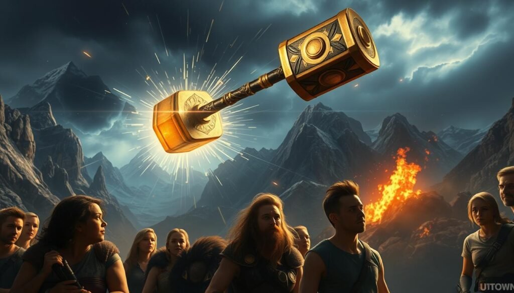 A thrilling scene of Thor's mighty hammer, Mjolnir, soaring through the air in a spectacular display of power. The hammer's intricate details and golden hue gleam under the intense lighting, casting dramatic shadows across the scene. In the foreground, a group of adventurous players from the UTown gaming platform eagerly await the chance to wield this legendary weapon, their expressions filled with anticipation. The background depicts a majestic, Norse-inspired landscape, complete with towering mountains and a thunderous sky, setting the stage for an epic battle. The overall atmosphere is one of excitement and awe, capturing the essence of the "Thor's Hammer" game feature.