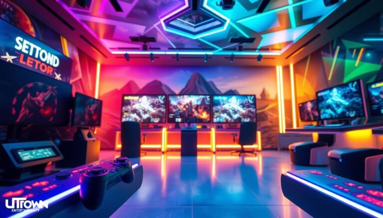 A vibrant and immersive interior of UTown Entertainment City's gaming section, showcasing the cutting-edge electronic games "Battle God Setor" and "Mjolnir, the Hammer of Thor". The foreground features sleek gaming consoles and controllers, bathed in a warm, neon-tinged lighting. The middle ground displays large, high-resolution screens showcasing the gameplay, drawing the viewer into the action. The background is a dynamic, futuristic landscape with vibrant hues and geometric shapes, creating a sense of technological wonder and excitement. The overall atmosphere is one of cutting-edge entertainment, inviting the viewer to explore the thrilling gaming experiences offered at UTown Entertainment City.