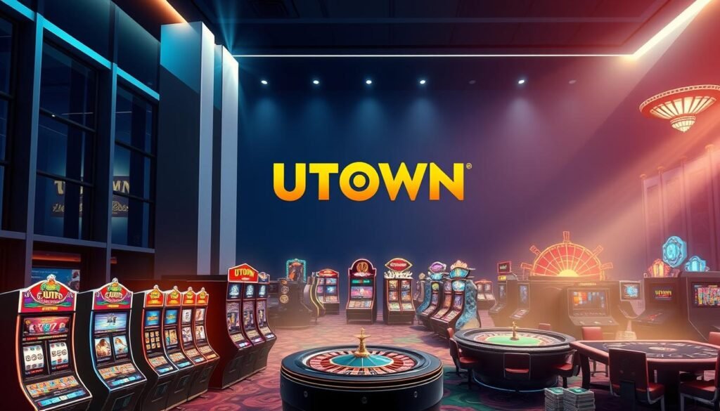 A vibrant and visually captivating image showcasing the diverse gaming offerings of the UTown USDT casino platform. Set against a sleek, modern backdrop, the foreground features a dynamic array of casino games, including slot machines, roulette tables, and card tables, all rendered in striking detail. The middle ground highlights the UTown brand, prominently displayed with a bold, eye-catching logo. The background subtly suggests an atmosphere of excitement and entertainment, with subtle lighting effects and a sense of energy. The overall composition conveys the breadth and quality of the gaming experience, inviting the viewer to explore the UTown USDT casino's engaging and immersive world.