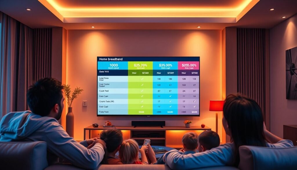 A vibrant, detailed comparison of home broadband plans from Telecombrother, showcasing their various offerings. The scene depicts a sleek, modern living room with a large TV screen in the center displaying comparative broadband speeds, data caps, and pricing. In the foreground, a family gathers around the screen, engaged in animated discussion, their expressions reflecting the importance of finding the best broadband deal. The background features a minimalist, stylish interior design, with warm lighting and subtle color accents that create an atmosphere of comfort and technological sophistication. The image conveys a sense of informed decision-making, highlighting Telecombrother as a leading provider of reliable and affordable home broadband solutions.