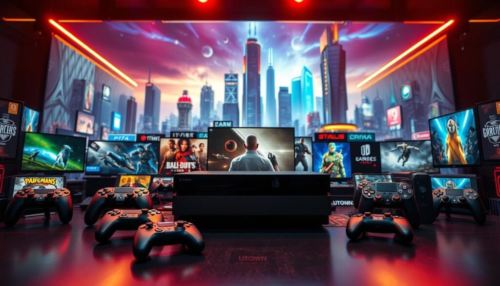 A vibrant display of the latest and greatest electronic games, showcasing the cutting-edge technology and immersive experiences of the industry. In the foreground, a sleek and modern gaming console, the UTown brand, takes center stage, surrounded by a variety of controllers and accessories. The middle ground features a dynamic selection of game covers, each with its own unique visual style and captivating narrative. The background depicts a futuristic cityscape, with towering skyscrapers and neon-lit streets, hinting at the boundless possibilities of the digital realm. The overall scene is bathed in a warm, inviting glow, creating a sense of excitement and anticipation for the world of electronic gaming.
