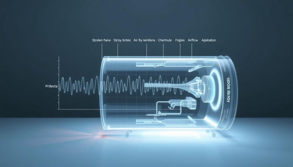 Highly detailed and technical diagram of the airflow output modes of an iCareCPAP sleep apnea machine. Precise engineering schematics showcasing the complex waveform patterns and air pressure dynamics. Crisp, clean lines and technical precision, with a muted, clinical color palette. Cutaway view reveals the inner mechanisms and pathways of the airflow system. Subtle glow and ambient lighting highlights the technical sophistication. Minimal, uncluttered background allows the subject to be the central focus. Rendered with a sense of technological elegance and medical authority.
