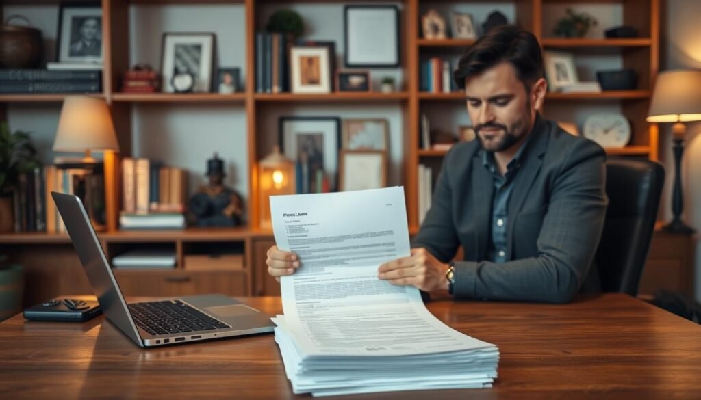 A cozy home office setting with warm lighting and a wooden desk. On the desk, a stack of financial documents and a laptop, representing the process of evaluating a private loan recommendation from a friend or family member. The background features shelves filled with books and personal mementos, creating a sense of professionalism and trust. The overall mood is one of careful consideration, as the subject carefully reviews the details of the private loan offer to make an informed decision.