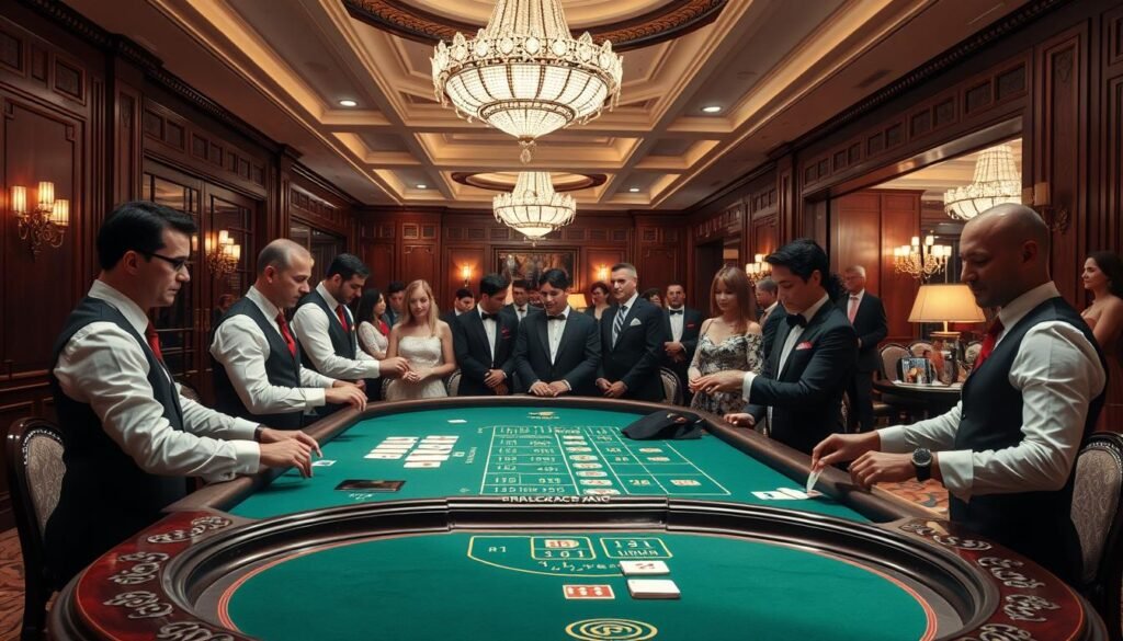 A luxurious casino interior with ornate decor and soft lighting. In the foreground, a green baize baccarat table stands prominently, its edges adorned with intricate carvings. Dealers in crisp uniforms gracefully deal cards, their movements precise and efficient. In the middle ground, well-dressed patrons observe the game intently, faces animated with anticipation. The background features rich wood paneling, ornate chandeliers, and discreet service staff, creating an atmosphere of refined elegance. The overall scene conveys the classic allure and time-honored traditions of the baccarat gaming experience.
