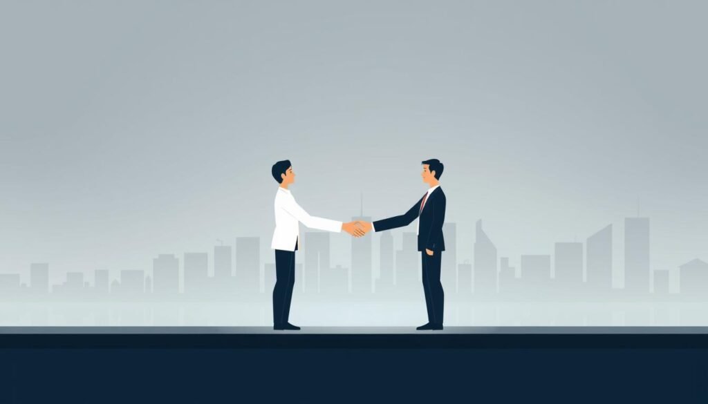 A modern, minimalist illustration of a peer-to-peer lending platform. In the foreground, two stylized human figures shaking hands, symbolizing a private loan transaction. The middle ground features a sleek, intuitive mobile app interface with clean typography and icons, representing the digital nature of the platform. The background depicts a serene, abstract cityscape with muted tones, conveying a sense of financial security and trust. The overall scene is illuminated by soft, diffused lighting, creating a tranquil, professional atmosphere. The composition is balanced, with a focus on the central interaction, complemented by the supporting digital and urban elements.