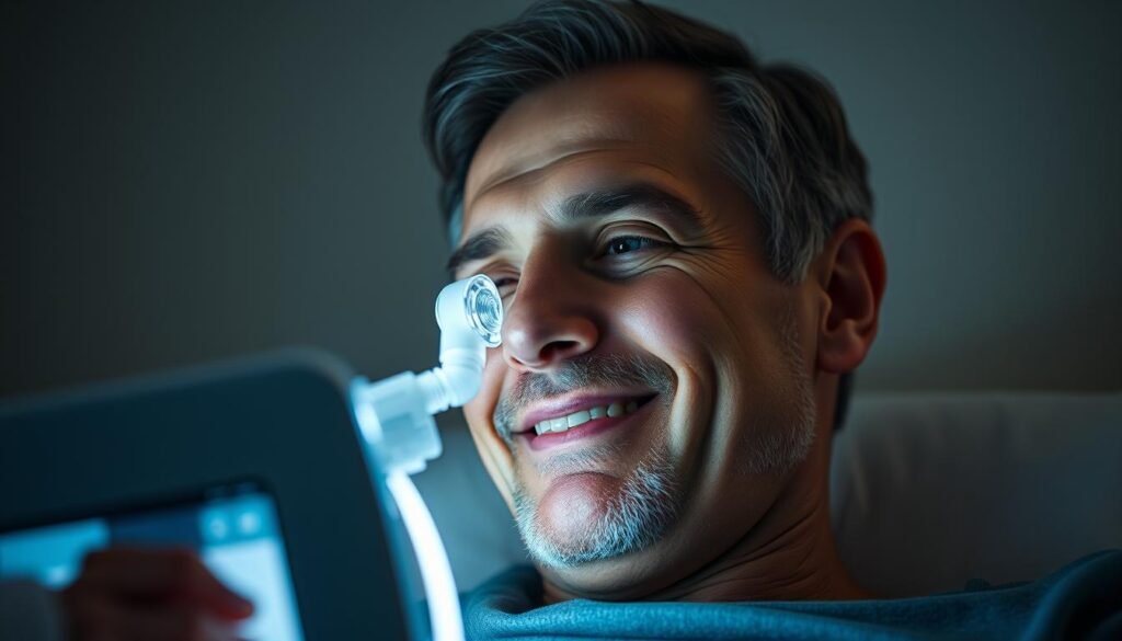 A well-lit, close-up portrait of a content, middle-aged man using a sleek, modern iCareCPAP sleep apnea machine, with a serene, peaceful expression on his face. The device's soft glow illuminates his features, conveying a sense of calm and rejuvenation. The background is blurred, placing the focus entirely on the man and the machine, symbolizing how the iCareCPAP has improved his sleep quality and overall quality of life. The image exudes a sense of comfort, control, and a renewed zest for daily activities.