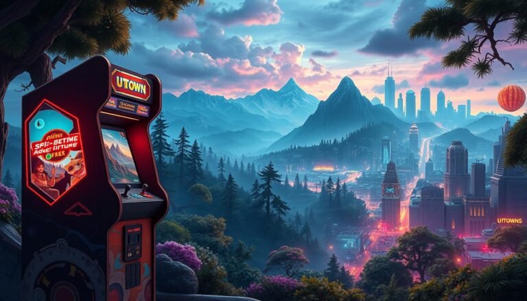 Diverse gaming themes by UTown: a vibrant tapestry of fantastical landscapes, intriguing characters, and immersive gameplay. In the foreground, a whimsical arcade cabinet showcases a retro-futuristic sci-fi adventure, its neon lights casting a warm glow. The middle ground features a serene natural setting, with lush forests and towering mountains, inviting players to explore the tranquil wilderness. In the background, a bustling cityscape emerges, its skyscrapers and neon-lit streets reflecting the urban pulse of modern gaming. The scene is illuminated by a cinematic lighting, creating a sense of depth and drama. This visually captivating image represents UTown's commitment to delivering a diverse range of gaming experiences, catering to the diverse needs and preferences of its players.